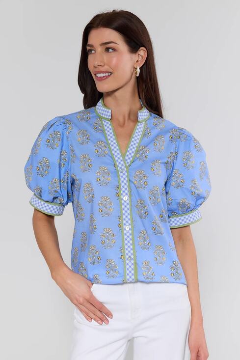 entro Tops - Entro Blue Printed Puff Sleeve Top Size Medium Flora V Neck